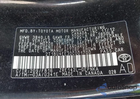 2013 Toyota Corolla Le из США, поврежденный, VIN 2T1BU4EE3DC001700